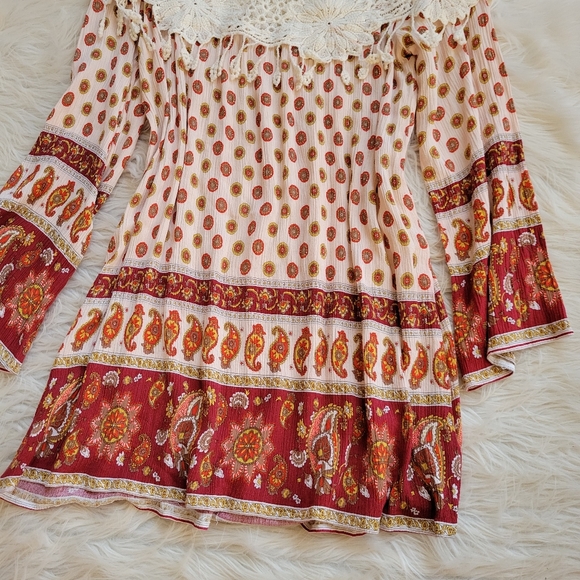 Tassels Lace Dress Cream Orange Paisley Boho Long Sleeve Crochet Peasant Neck S - Picture 7 of 10